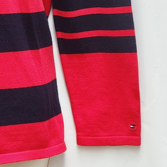 Tommy Hilfiger Cotton Striped Red Blue Pullover Sweater with Logo Women's Size L - Picture 4 of 10